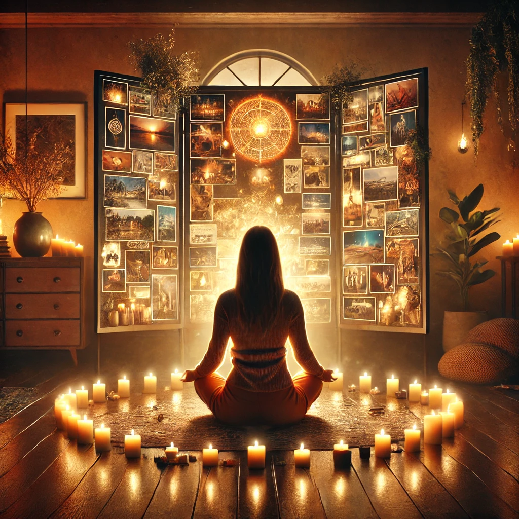 DALL·E 2025-01-28 14.08.05 - A photorealistic depiction of a woman engaged in a manifestation ritual, seated cross-legged in a cozy, dimly lit room. She is surrounded by candles a Interprétation thème astral